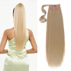 Extensões de cabelo ponytial cabelo sintético 28 Polegada longo reto ondulado marrom loiro clipe em envoltório em torno da extensão do rabo de cavalo para mulher