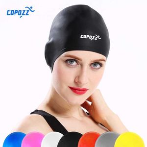 Capas de natação Copozz Silicone impermeável 3D Capas de natação elástica para homens Mulheres cabelos longos Chapéu de natação Tampa da orelha Piscina adulta Tampa de natação P230418