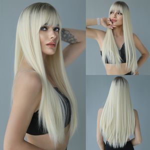 Syntetyczne peruki długie proste z grzywką naturalne blond włosy na codzienne imprezę na imprezę odporną na błonnik cieplny 230417