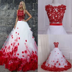 Red And White Ball Gown Prom Dresses Two Pieces New Cheap Jewel Neck Lace Applique 3D Floral Flowers Tulle Long Evening Formal Dress 328 328