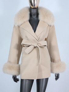 Misto lana da donna Cappotto in vera pelliccia Giacca invernale Donna Polsini con colletto naturale Cintura Cashmere Capispalla da donna in lana Streetwear 231118