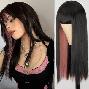 Perucas sintéticas cabelos rosa e preto duas camadas de cabelos compridos