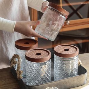 Storage Bottles Box With Bamboo Lid Kitchen Glass Spice Jar Seasoning Container Japanese Vintage Embossed Seal