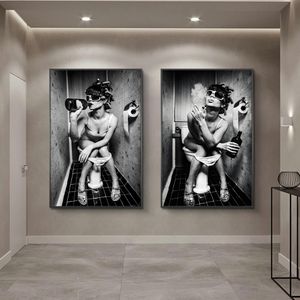 Nordic Canvas Art Posters And Prints Sexy Girl Sit in a Toilet Black and White Woman Smoke and Drink in Restroom Picture Poster