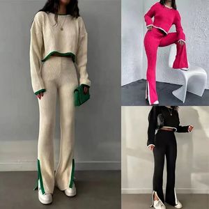 Women's Two Piece Pant Sweater Flare Pant Set Casual Pullovers Winter Knitted Long Sleeve Elegance Sexy Tops Suits Autumn Elastic Sweaterpants 231118