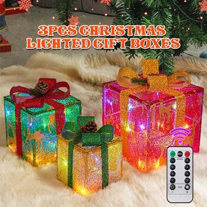 Weihnachtsdekoration, 3 Stück, beleuchtete Geschenkboxen, vorbeleuchtete Lichter, 8 Modi, leuchtendes Geschenkset, Baumrock-Ornament 231130