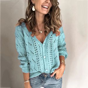 Women's Sweaters Single Breasted Woman V-Neck Cardigan Solid Hollow Out Blue Color Elegant Knitted Sweaters Female Casual Outwear Autumn 231118