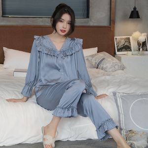 Pijamas de cetim para mulheres de dormir para dormir para mulheres para mangas longas para roupas de dormir para cenário de renda sexy coreana