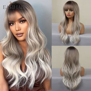 Synthetic Wigs EASIHAIR Ombre Gray Ash Wavy with Bang Light Blonde Platinum Long Hair for Women Daily Party Heat Resistant Fiber 230417