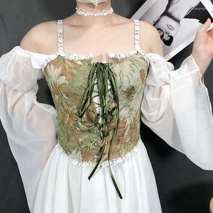 Camisetas femininas padrão de flores retro feminino coletes de cano sem alças colete francês de espartilho hollow slimming listrado cinto