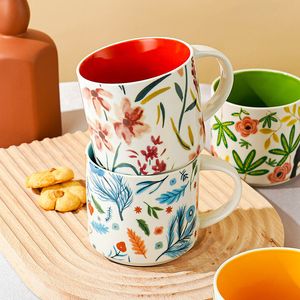 15 oz de chá de chá de cerâmica caneca de café para escritório e casa pintada à mão com alças caneca de flor de flores vintage para presentes de amigos