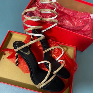RENE CAOVILLA HEELS MARGOT装飾されたSiede Designer Sandals Snake Strass Stileetto Heels Women's High Heeled Designers Ankle Wraparound Evening Shoes 34-43