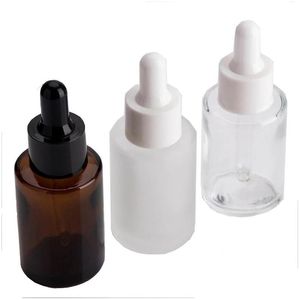 Bottiglie da imballaggio Bottiglia di vetro da 30 ml Shoder piatto Smerigliato / Trasparente / Ambra Rotondo Contagocce per olio essenziale di siero Vuoto portatile Cos Dhgarden Dhpmn