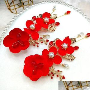 Hair Accessories Red Flower Clips Simple Pearl Crystal Hairpins Women Barrette Wedding Marriage Bride Headwear Fashion Drop Delivery Dhtg9