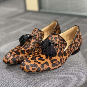 Designer Men Formal Shoes Leopard Print Horsehair Dress Shoe Leather Pointed Toe Tassel Loafer Fashion Wedding Party Shoes Big Size 38-48 With Box NO497