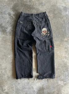 Kvinnors jeans broderi skalle tvättade kvinnors svarta jeans byxor hip hop streetwear casual hög midja raka byxor denim byxor t231118