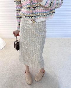 Юбки моды Sequined Midi юбка с высокой талией с застежкой -закулисной щель элегантно