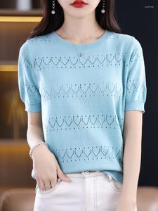 Kvinnors T-skjortor Summer Cotton Sticke Pullover Kort ärm Kvinnors T-shirts Casual Loose Fit Solid Color Hollow Out Tops Tees Kvinna