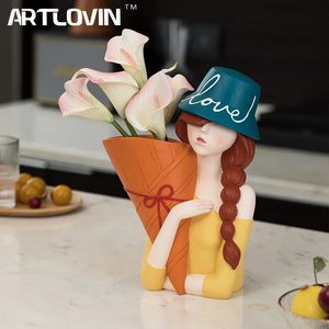 Vases Modern Home Decorative Vase Multicolor Long Braided Girl Bust Sculptures Living Room Decor Figurines Stylish Makeup Brush Holder 231117