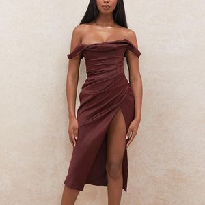 Casual Dresses Autumn and Winter 2023 Women's Sexy Satin Pile Neck Pleated Split Strapless Suspender Dress for Women Party Mantel