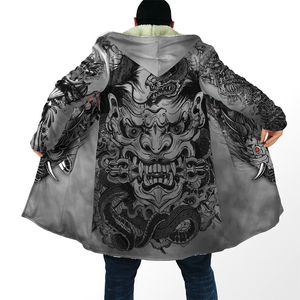 Men's Trench Coats Fashion Winter hooded cloak Samurai mask tattoo 3D printing wool windbreaker Unisex casual warm coat C001 230417