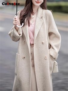 Women's Wool Blends Cotvotee Pockets Coats For Women Autumn Winter 2023 Fashion Double Breasted Coat Casual Wid Down Collar Long Jacket 231118