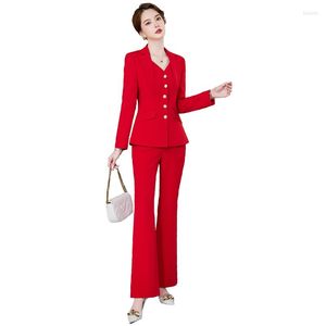 Women's Two Piece Pants High End Red Business Suits Women Autumn Winter 2023 Temperament V Neck Slim Blazer And Flare Office Ladies Work