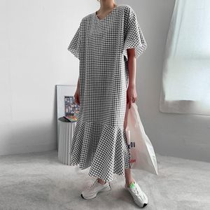 Party Dresses Oversized Robe Women Fashion Plaid Ruffles Sundress Summer O Neck Short Flare Sleeve Dress Casual Checked Printed Kaftan