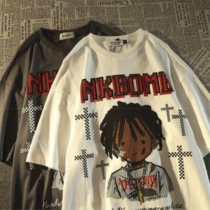 Mäns T-shirts American Retro High Street Cross Cartoon Characters Kort ärm T-shirts Män och kvinnor Summer Ins Loose Oversize Tops Clothes 230418