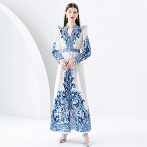 2023 Elegante Paisley Floral Maxi Dress Women Women Luxury Designer Lanterna Manga Vestidos de Botão V de Botão da Primavera Férias de Autumn