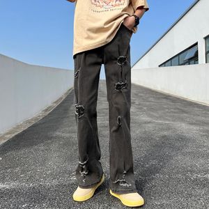 Men's Jeans Streetwear Men's Stretch Wide Leg Fashion Broken Black Vintage Style Trend Youth Cardigan High Street Denim Pants