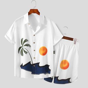 Мужские спортивные костюмы летние мужчины белые печатные наборы уличная одежда с коротким рукавом пляжные рубашки дышащие повседневные мужские гавайские костюмы 2 штуки 230418