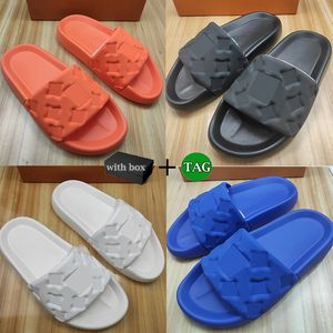 2023 Com Box Designer Chinelos Homens Mulheres Sandálias Moda Luxo Waterfront Embossed Mule Rubber Slide Senhoras Verão Largo Plano Sandália Sandália EUA 5-12