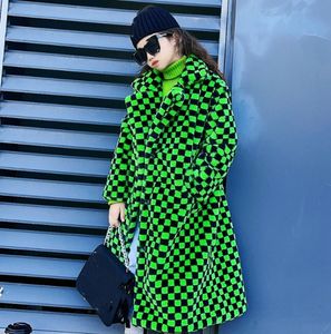 Big Girls Green Checkerboard Faux Fur Coat Kids Old Fleece Fleece Fleece Single Breaded Outwear Outwear Fall Winter Children