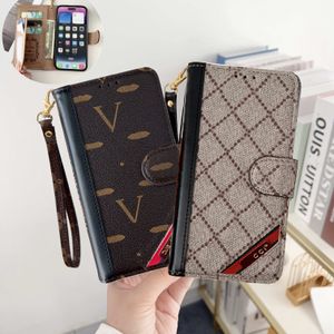 ウォレット電話ケースiPhone 15 Pro Max 14 Plus 13 12 Pro Fashion Designer Multi Card Holder Credit Book Luxury Hand Strap Kickstand Lanyard Shockproofカバー