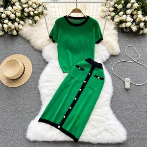 Vestido de duas peças suave malha verão feminino define o pescoço topos + cintura elástica botão moda estilo francês elegante conjunto de duas peças 2024