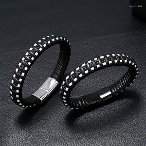 Charm Bracelets Punk Fashion Men Black Leather Wristbands Titanium Steel Bracelet Stainless Magnetic Clasp Weave Bangle Women Jewelry Gift