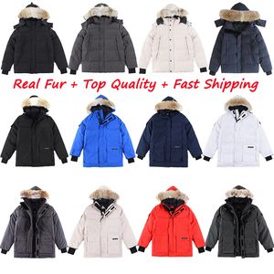 14 색 디자이너 의류 최고 품질 캐나다 G29 G08 Parka Wyndham Wolf Real Fur Mens 다운 재킷 여성 코트 겨울 바디 따뜻한 파카 스 레이디 코트 배지 xs-xxl