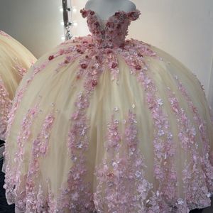 Pembe Meksika Quinceanera Elbiseler El yapımı 3D Çiçek Aplike Boncuklar Doğum Günü Prenses Resmi Balo Koyu Kupa Vestidos XV Anos