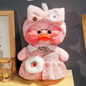 Plush Dolls 30cm Pink Duck Yellow Lalafanfan Cafe Girl Toy Cute Kawaii Doll Wearing Glasses Clothes Toys Gift 230418