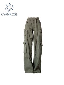 Women's Pants s Retro Army Green Overalls Wide Leg Cargo Women Trousers Sexy Low Waist Loose Casual Streetwear 230419