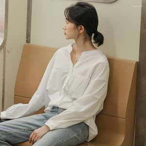 Женские блузки корейская модная топы с длинным рукавом для женщин белая карманная рубашка Blusas femininas elegantes camisa feminina de Verano mujer