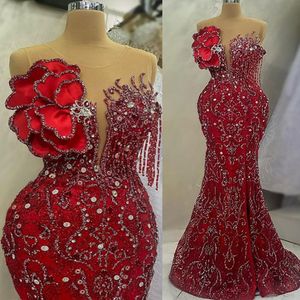 2023 Aso Ebi Mermaid Red Prom Dress Beaded Crystals Sexy Evening Formal Party Second Reception Birthday Engagement Gowns Dresses Robe De Soiree ZJ5816