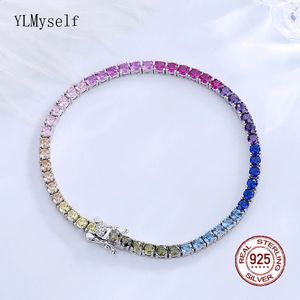 Cadena Sólida Real 925 Plata 3 mm Rainbow Zircon Pulsera de tenis 15/16/17/18/19/20/21 cm Cadena de joyería fina bastante colorida para mujeres 231118