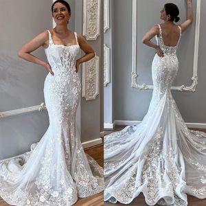 Echtfoto-Meerjungfrau-Hochzeitskleider mit rückenfreier neuer 3D-Blumen-Brautkleid-Tüll-Spitze-Bürsten-Zug-Robe De Vestido Customized