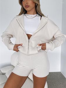 Women's Tracksuits Women's 2 Piece Tracksuit Set Long Sleeve Zip-up Solid Color V-Neck Hoodie And High Waist Shorts Sport