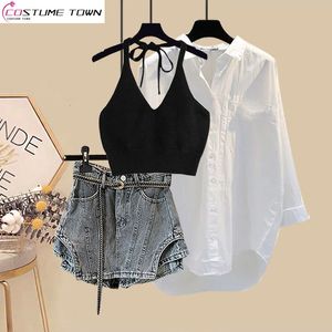 Calças de duas peças femininas primavera e verão terno 2023 moda coreana camisa casual tanque superior idade reduzindo jeans saia três peças conjunto 230418