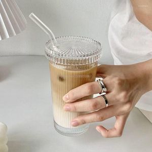Wine Glasses 375ml Stripe Glass Cup With Lip Straw Japanese Style Chic Milk Coffee Cups Lid Tea Wedding Gifts Dropship