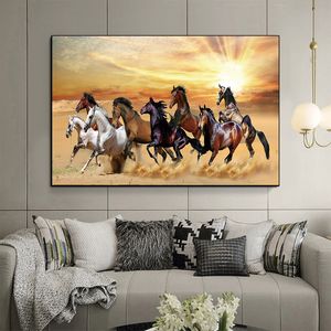 キャンバスペインティング8馬の野生動物サンセットスカンジナビアポスターとプリントクアドロスウォールアート写真リビングルームの装飾