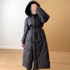 Winter Female Long Fluffy Puffer Coat Women Hooded Parkas Fashion Slim 90% Duck Down Jacket With Belt Thick Snow Outwear